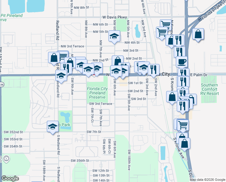 map of restaurants, bars, coffee shops, grocery stores, and more near 202 Southwest 6th Avenue in Florida City