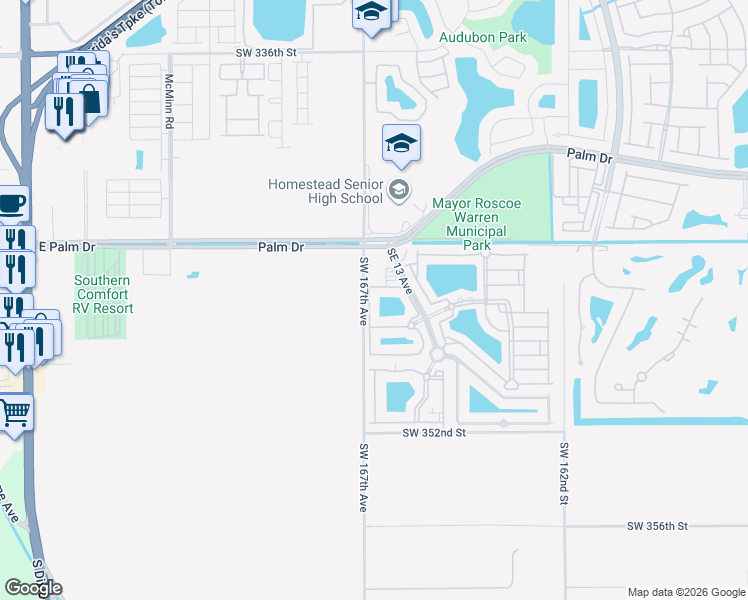 map of restaurants, bars, coffee shops, grocery stores, and more near 2621 Southeast 12th Road in Homestead