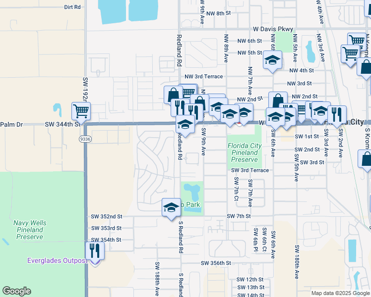 map of restaurants, bars, coffee shops, grocery stores, and more near 123 South Redland Road in Florida City