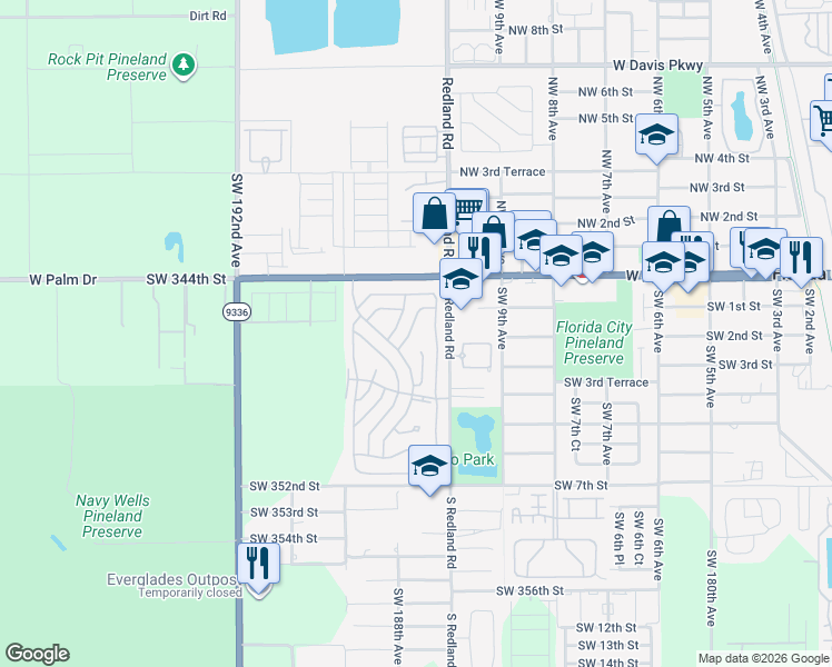 map of restaurants, bars, coffee shops, grocery stores, and more near 34489 Southwest 187th Way in Homestead