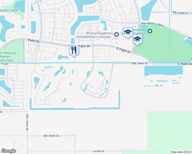 map of restaurants, bars, coffee shops, grocery stores, and more near 15200 344th Street in Homestead