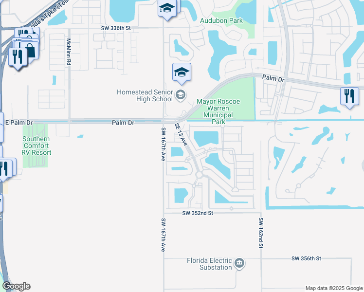 map of restaurants, bars, coffee shops, grocery stores, and more near 1036 Southeast 25th Avenue in Homestead