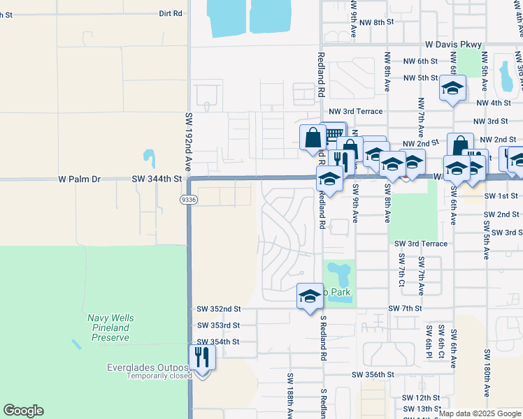 map of restaurants, bars, coffee shops, grocery stores, and more near 34484 Southwest 188th Place in Homestead