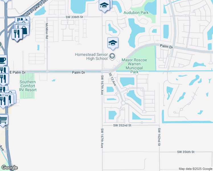 map of restaurants, bars, coffee shops, grocery stores, and more near 2621 Southeast 12th Road in Homestead