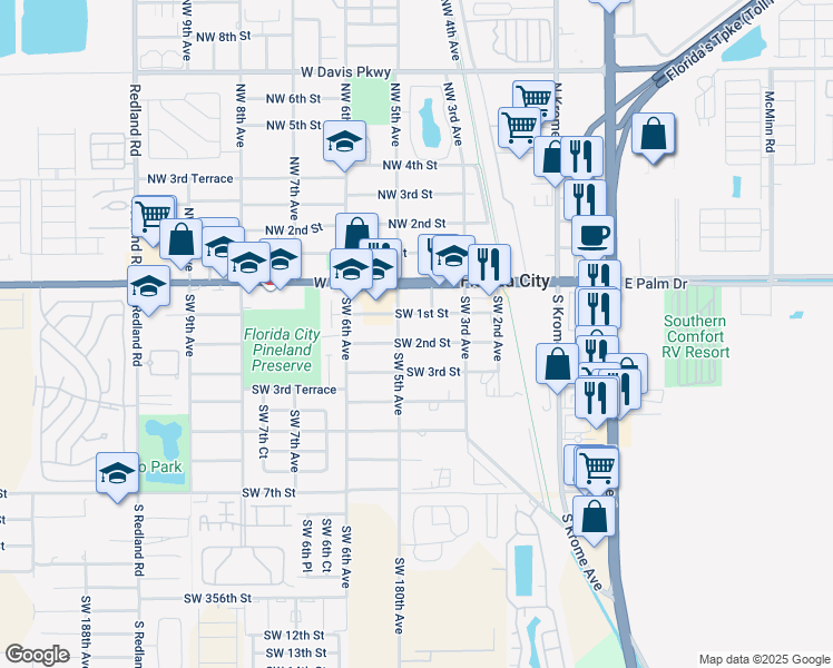 map of restaurants, bars, coffee shops, grocery stores, and more near 394 Southwest 2nd Street in Florida City
