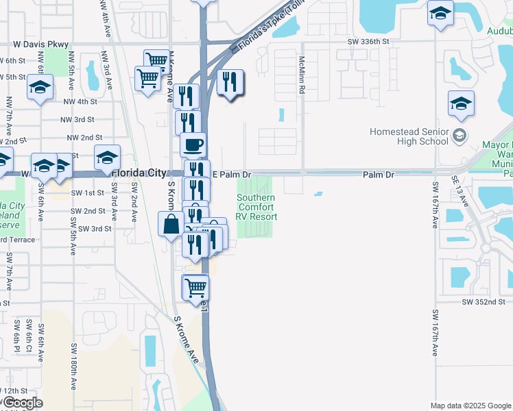 map of restaurants, bars, coffee shops, grocery stores, and more near South Audubon in Florida City