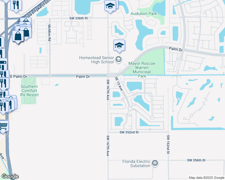 map of restaurants, bars, coffee shops, grocery stores, and more near 2621 Southeast 12th Road in Homestead