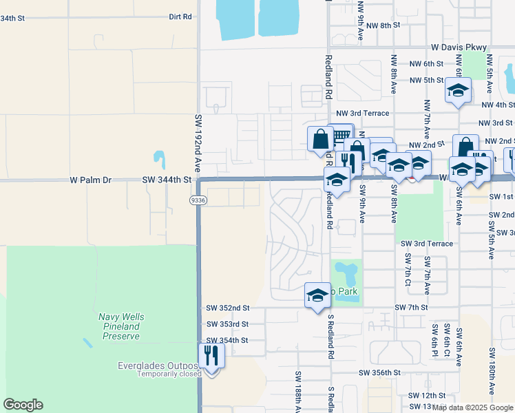 map of restaurants, bars, coffee shops, grocery stores, and more near 34484 Southwest 188th Place in Homestead