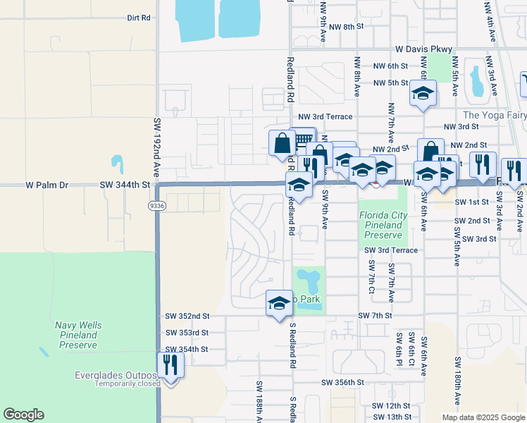 map of restaurants, bars, coffee shops, grocery stores, and more near 34489 Southwest 187th Way in Homestead