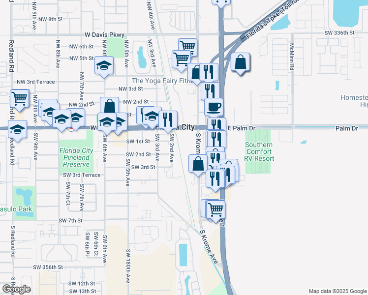 map of restaurants, bars, coffee shops, grocery stores, and more near 75 West Palm Drive in Florida City