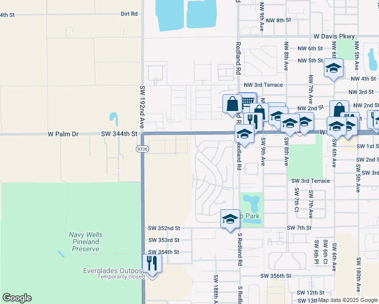 map of restaurants, bars, coffee shops, grocery stores, and more near 34484 Southwest 188th Place in Homestead