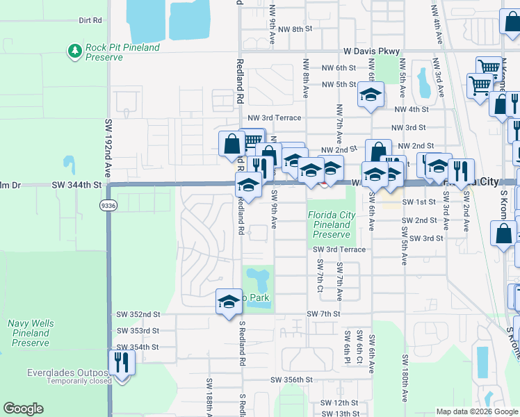 map of restaurants, bars, coffee shops, grocery stores, and more near 925 Southwest 1st Street in Homestead