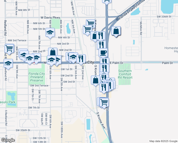 map of restaurants, bars, coffee shops, grocery stores, and more near 75 West Palm Drive in Florida City