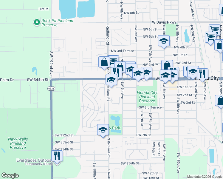 map of restaurants, bars, coffee shops, grocery stores, and more near 123 South Redland Road in Florida City