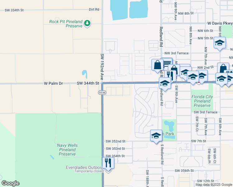 map of restaurants, bars, coffee shops, grocery stores, and more near 34725 Southwest 192nd Avenue in Homestead