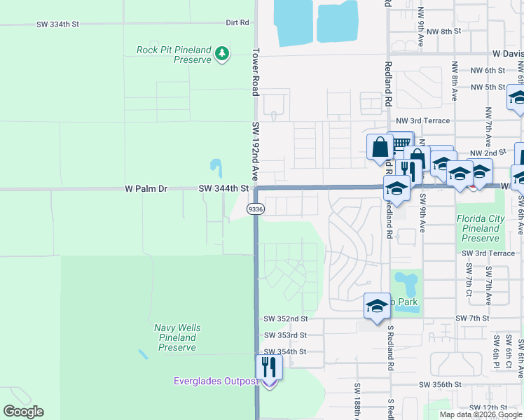 map of restaurants, bars, coffee shops, grocery stores, and more near 34811 Southwest 192nd Avenue in Homestead