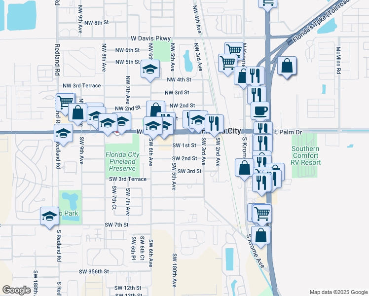 map of restaurants, bars, coffee shops, grocery stores, and more near 394 Southwest 2nd Street in Florida City