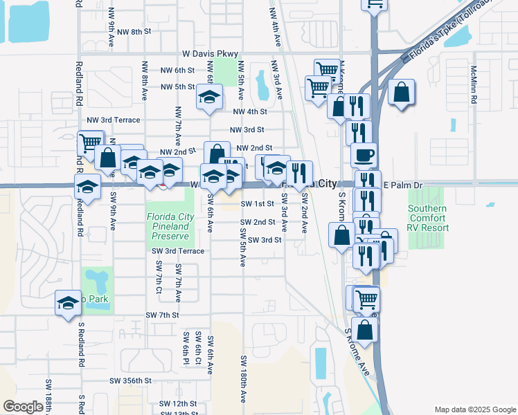 map of restaurants, bars, coffee shops, grocery stores, and more near 394 Southwest 2nd Street in Florida City
