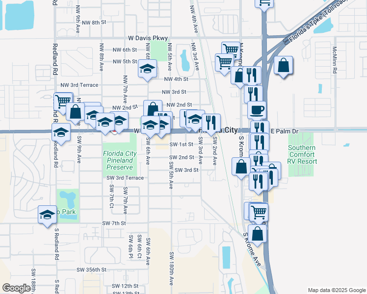 map of restaurants, bars, coffee shops, grocery stores, and more near 394 Southwest 2nd Street in Florida City