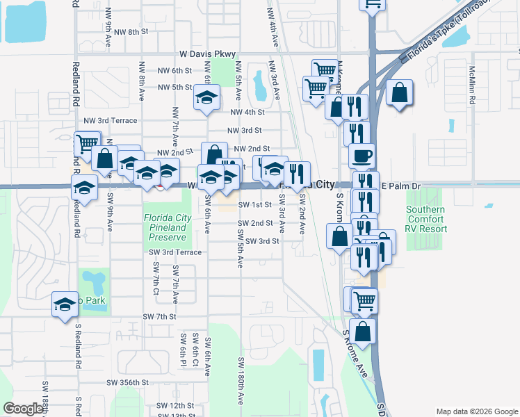 map of restaurants, bars, coffee shops, grocery stores, and more near 394 Southwest 2nd Street in Florida City