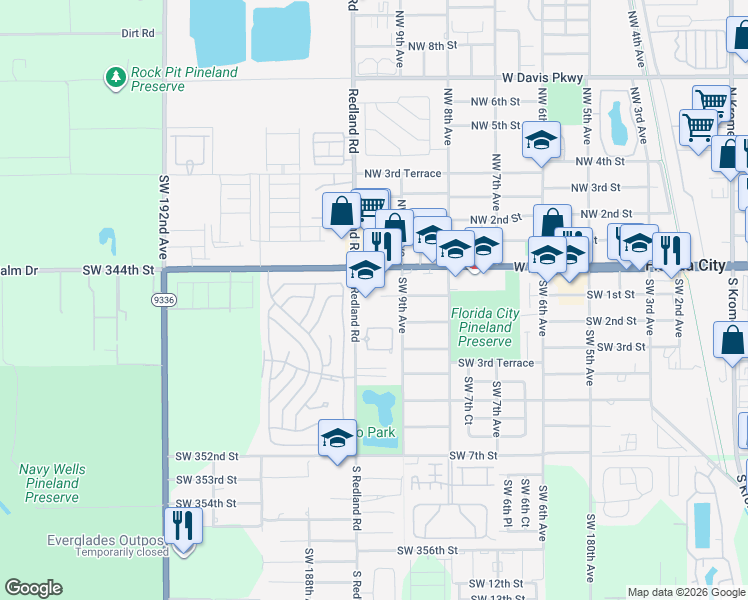 map of restaurants, bars, coffee shops, grocery stores, and more near 101 South Redland Road in Florida City