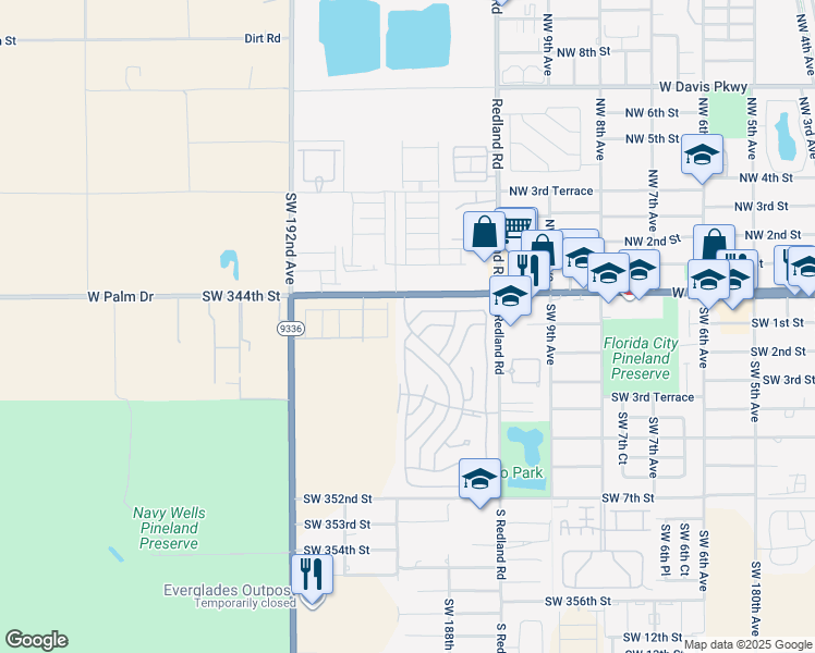 map of restaurants, bars, coffee shops, grocery stores, and more near 34484 Southwest 188th Place in Homestead