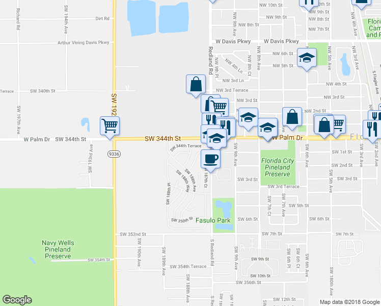 map of restaurants, bars, coffee shops, grocery stores, and more near 34448 Southwest 187th Way in Homestead