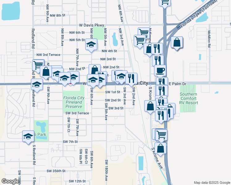 map of restaurants, bars, coffee shops, grocery stores, and more near 394 Southwest 2nd Street in Florida City