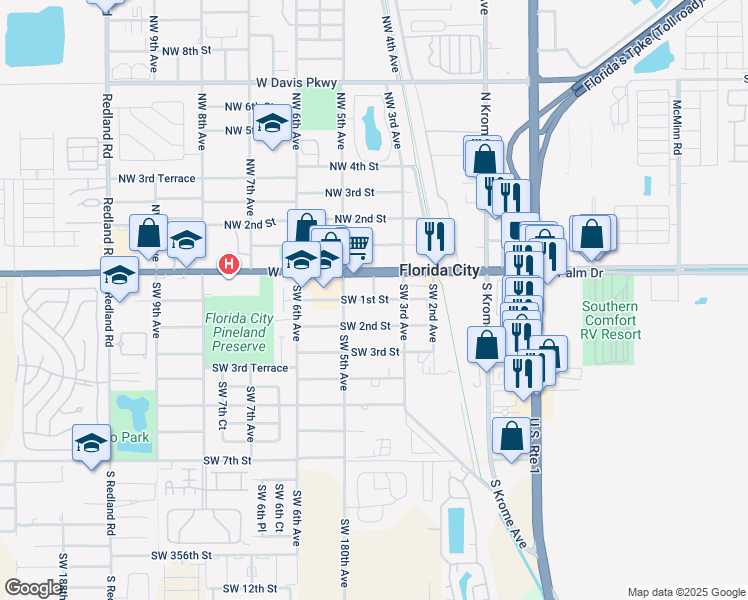 map of restaurants, bars, coffee shops, grocery stores, and more near 394 Southwest 2nd Street in Florida City