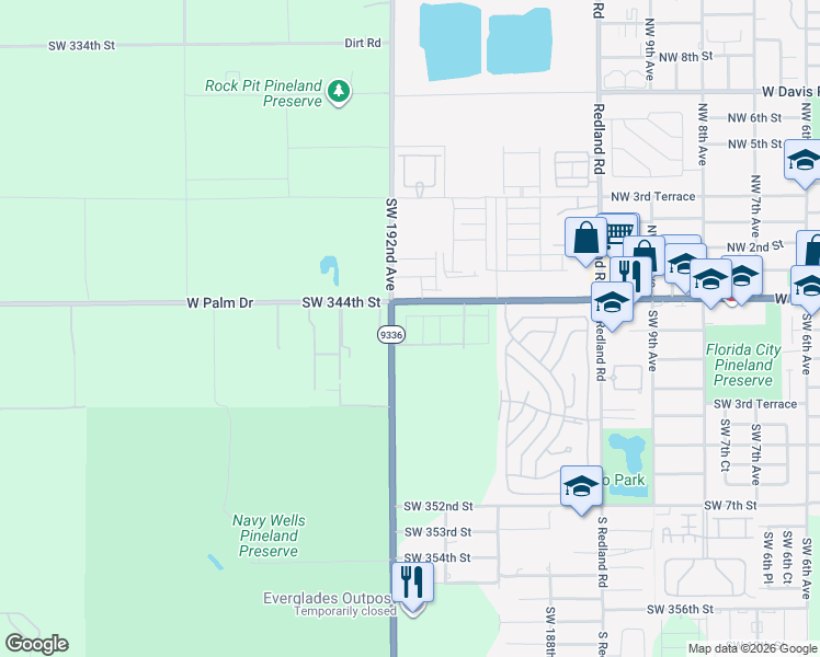 map of restaurants, bars, coffee shops, grocery stores, and more near 416 Tower Road in Homestead