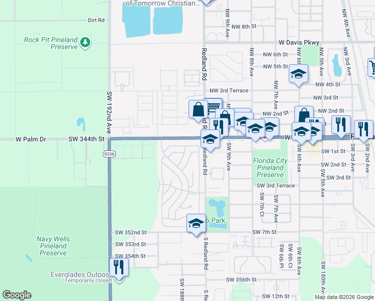 map of restaurants, bars, coffee shops, grocery stores, and more near 18749 Southwest 344th Terrace in Homestead