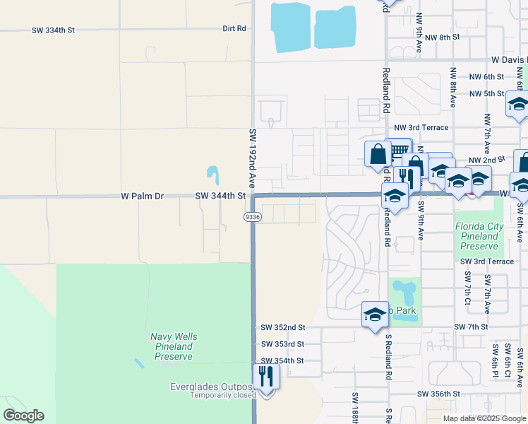 map of restaurants, bars, coffee shops, grocery stores, and more near 416 Tower Road in Homestead
