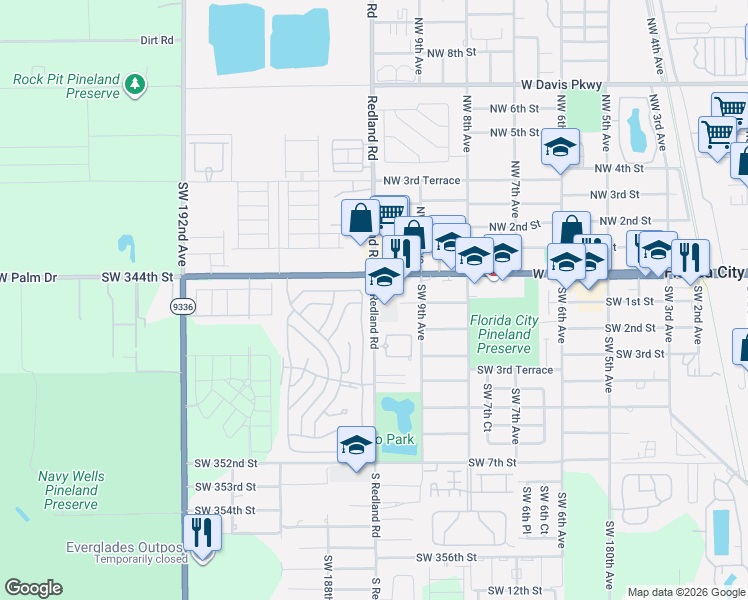 map of restaurants, bars, coffee shops, grocery stores, and more near 998 State Highway 9336 in Florida City