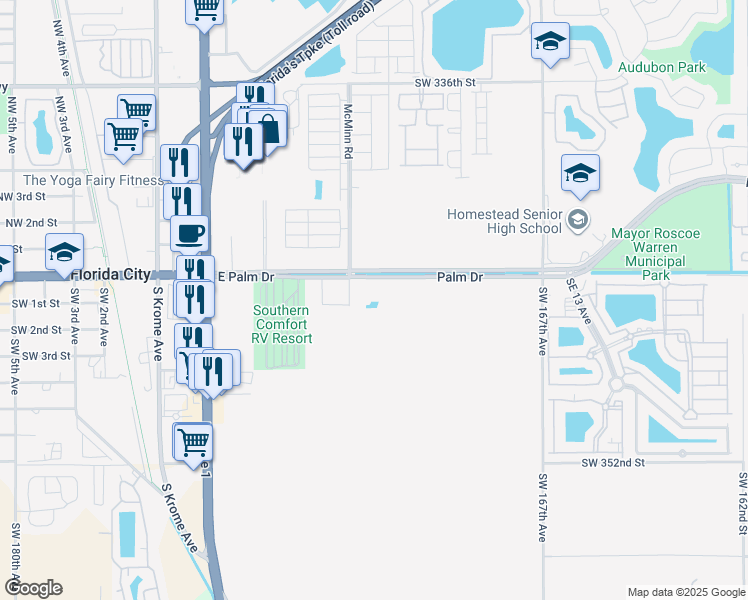 map of restaurants, bars, coffee shops, grocery stores, and more near 601 East Palm Drive in Homestead