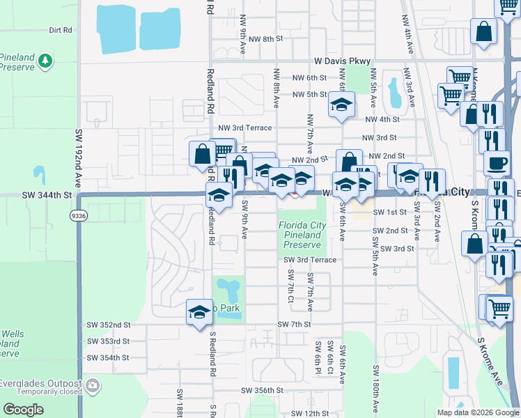 map of restaurants, bars, coffee shops, grocery stores, and more near 825 West Palm Drive in Homestead