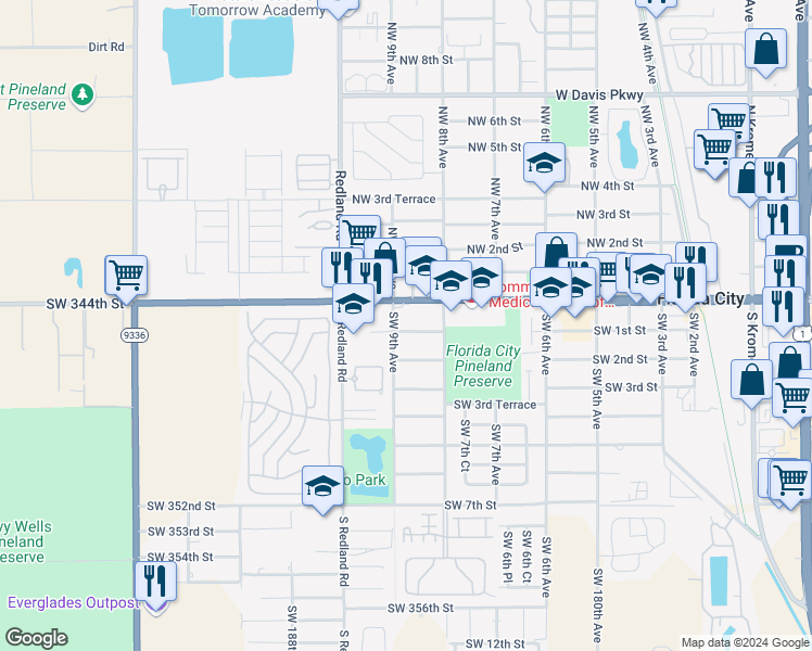 map of restaurants, bars, coffee shops, grocery stores, and more near 905 West Palm Drive in Florida City
