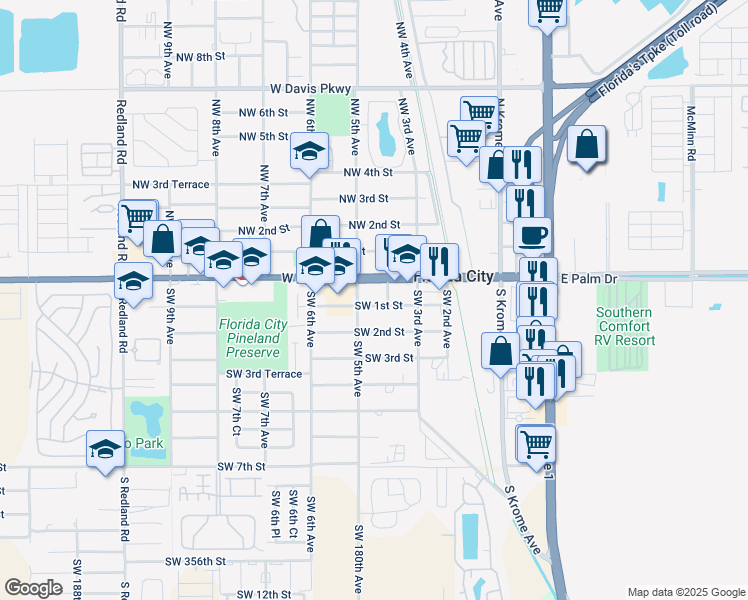 map of restaurants, bars, coffee shops, grocery stores, and more near 401 West Palm Drive in Homestead