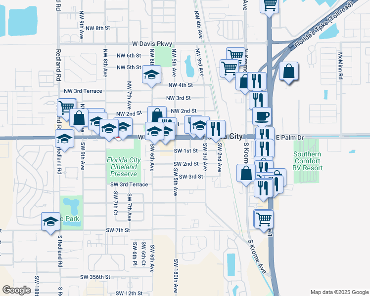 map of restaurants, bars, coffee shops, grocery stores, and more near 401 West Palm Drive in Homestead
