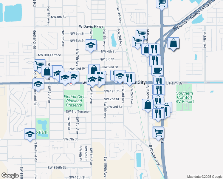 map of restaurants, bars, coffee shops, grocery stores, and more near 401 West Palm Drive in Homestead