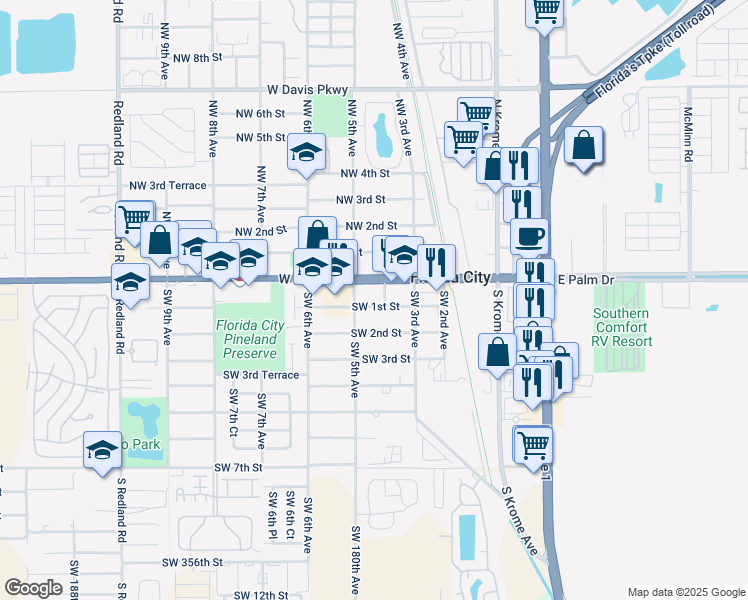 map of restaurants, bars, coffee shops, grocery stores, and more near 401 West Palm Drive in Homestead
