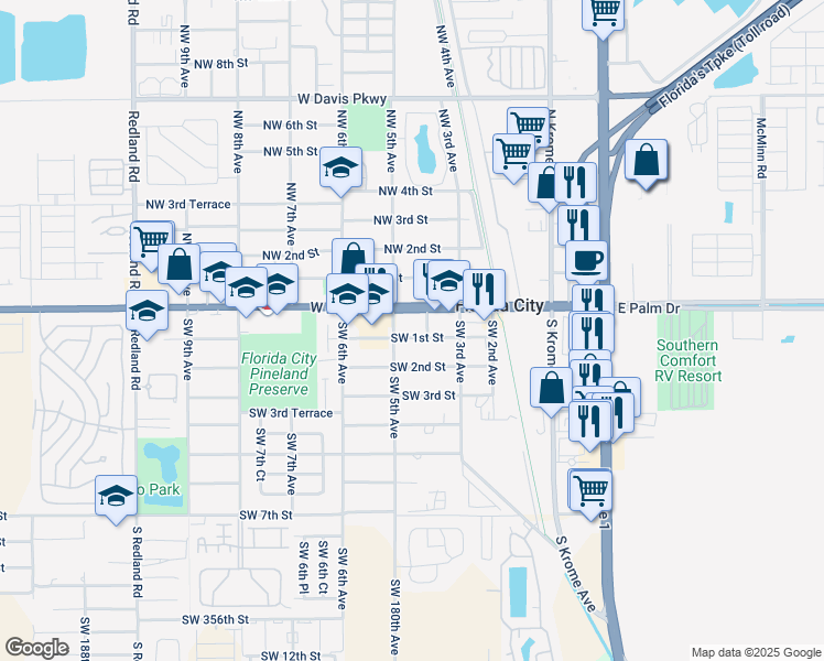 map of restaurants, bars, coffee shops, grocery stores, and more near 401 West Palm Drive in Homestead