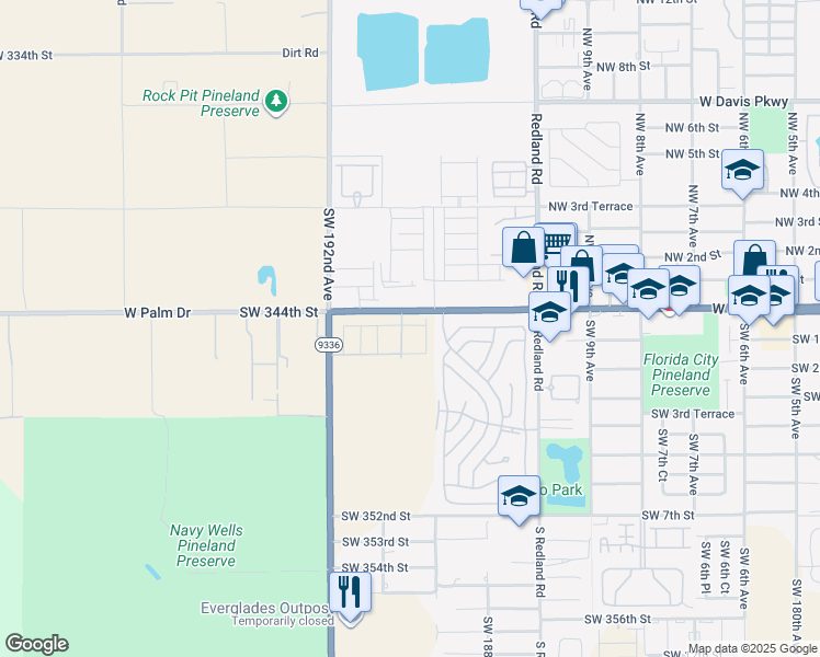 map of restaurants, bars, coffee shops, grocery stores, and more near Southwest 344th Street in Florida City