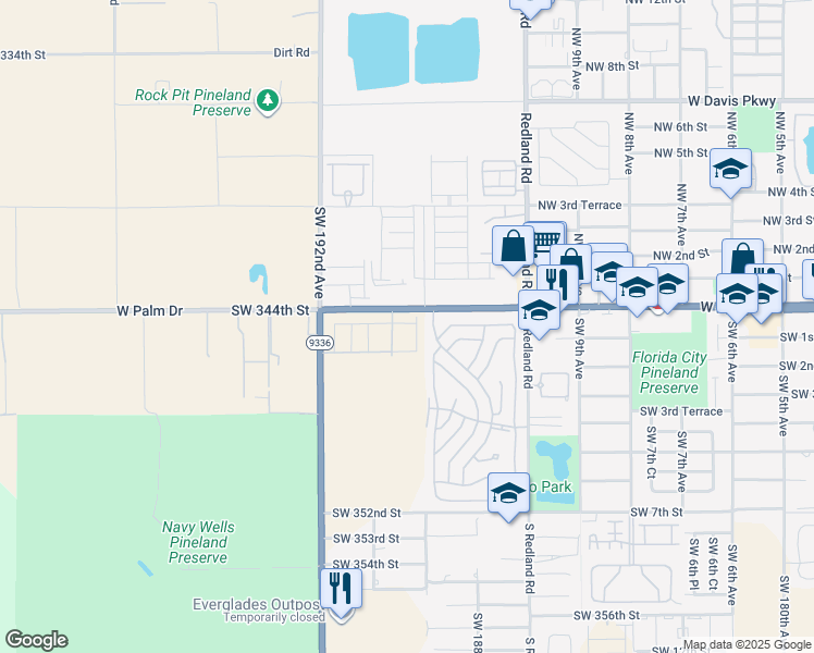 map of restaurants, bars, coffee shops, grocery stores, and more near 1100 West Palm Drive in Florida City