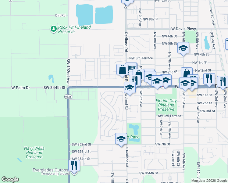 map of restaurants, bars, coffee shops, grocery stores, and more near 18736 Southwest 344th Terrace in Homestead