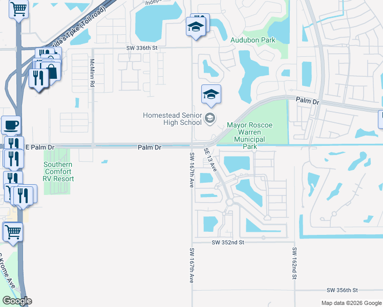 map of restaurants, bars, coffee shops, grocery stores, and more near in Homestead