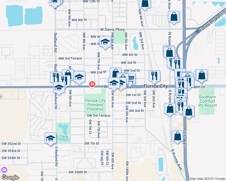 map of restaurants, bars, coffee shops, grocery stores, and more near 601 West Palm Drive in Florida City