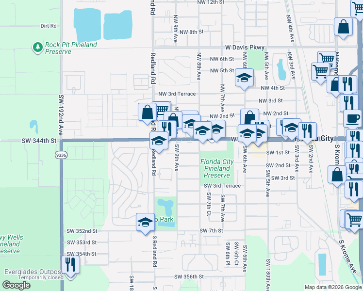 map of restaurants, bars, coffee shops, grocery stores, and more near 905 West Palm Drive in Florida City