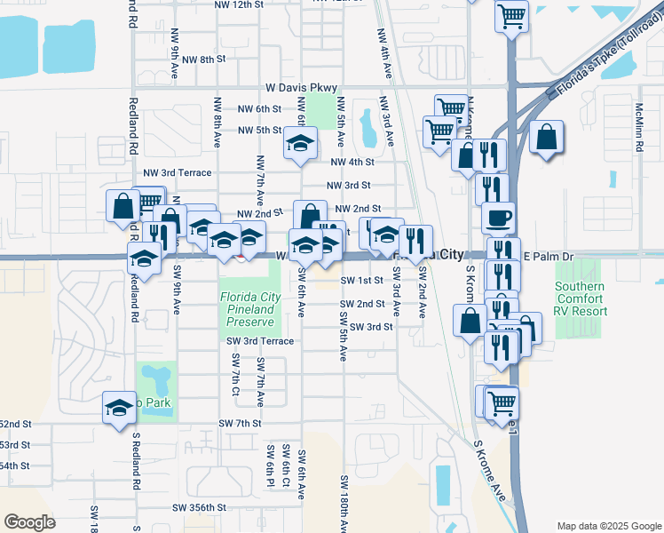 map of restaurants, bars, coffee shops, grocery stores, and more near 521 West Palm Drive in Homestead