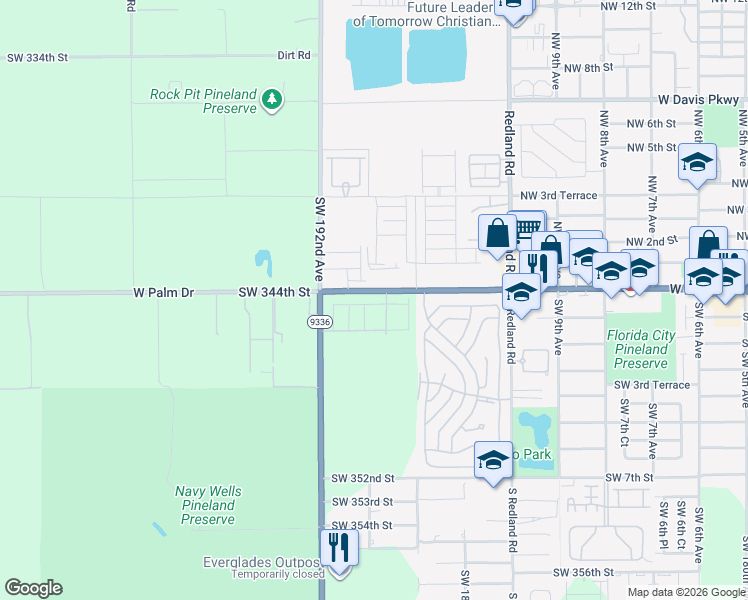 map of restaurants, bars, coffee shops, grocery stores, and more near Southwest 344th Street in Florida City