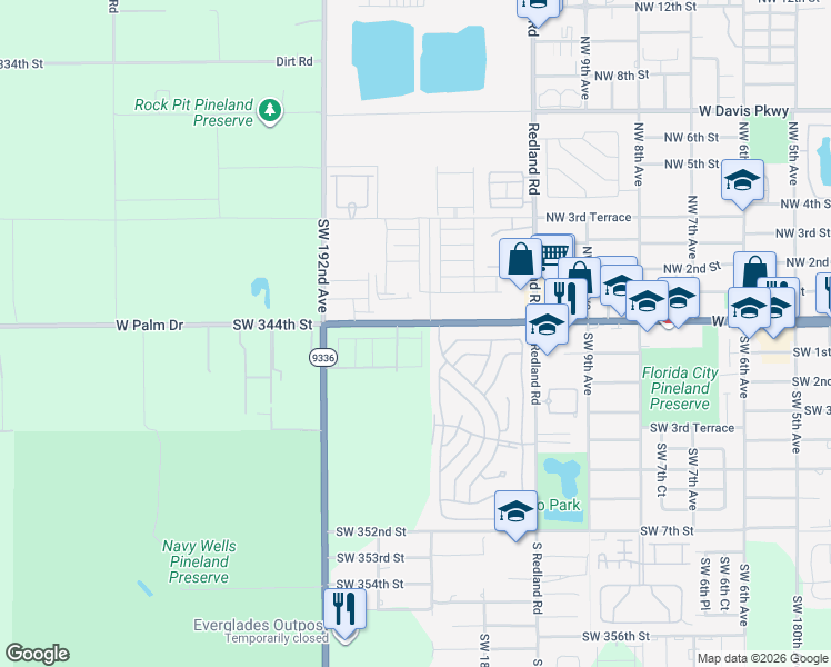 map of restaurants, bars, coffee shops, grocery stores, and more near 1100 West Palm Drive in Florida City